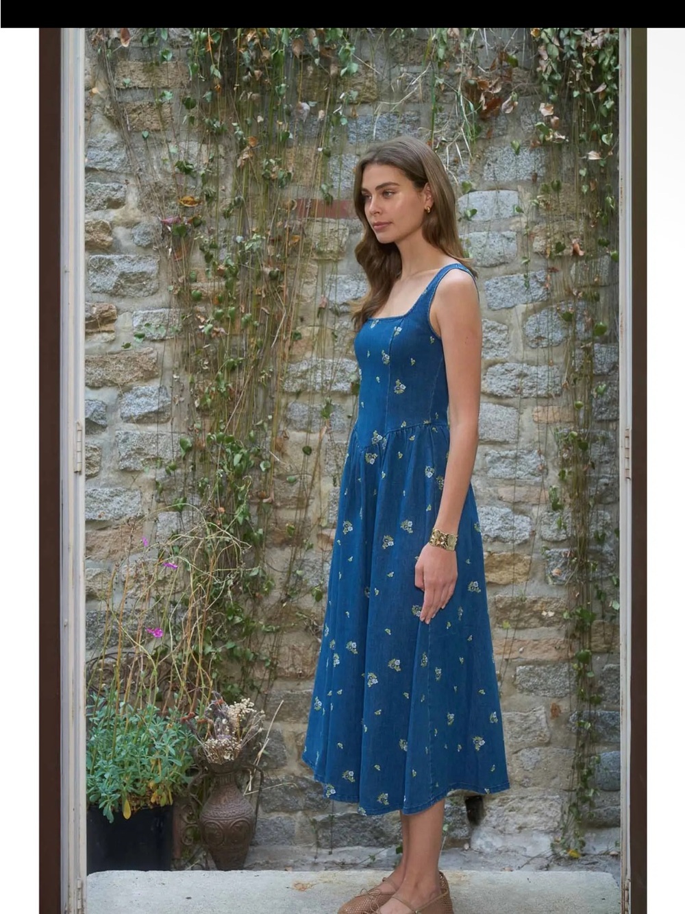 Blue Floral Midi Dress - Elegant denim Sundress